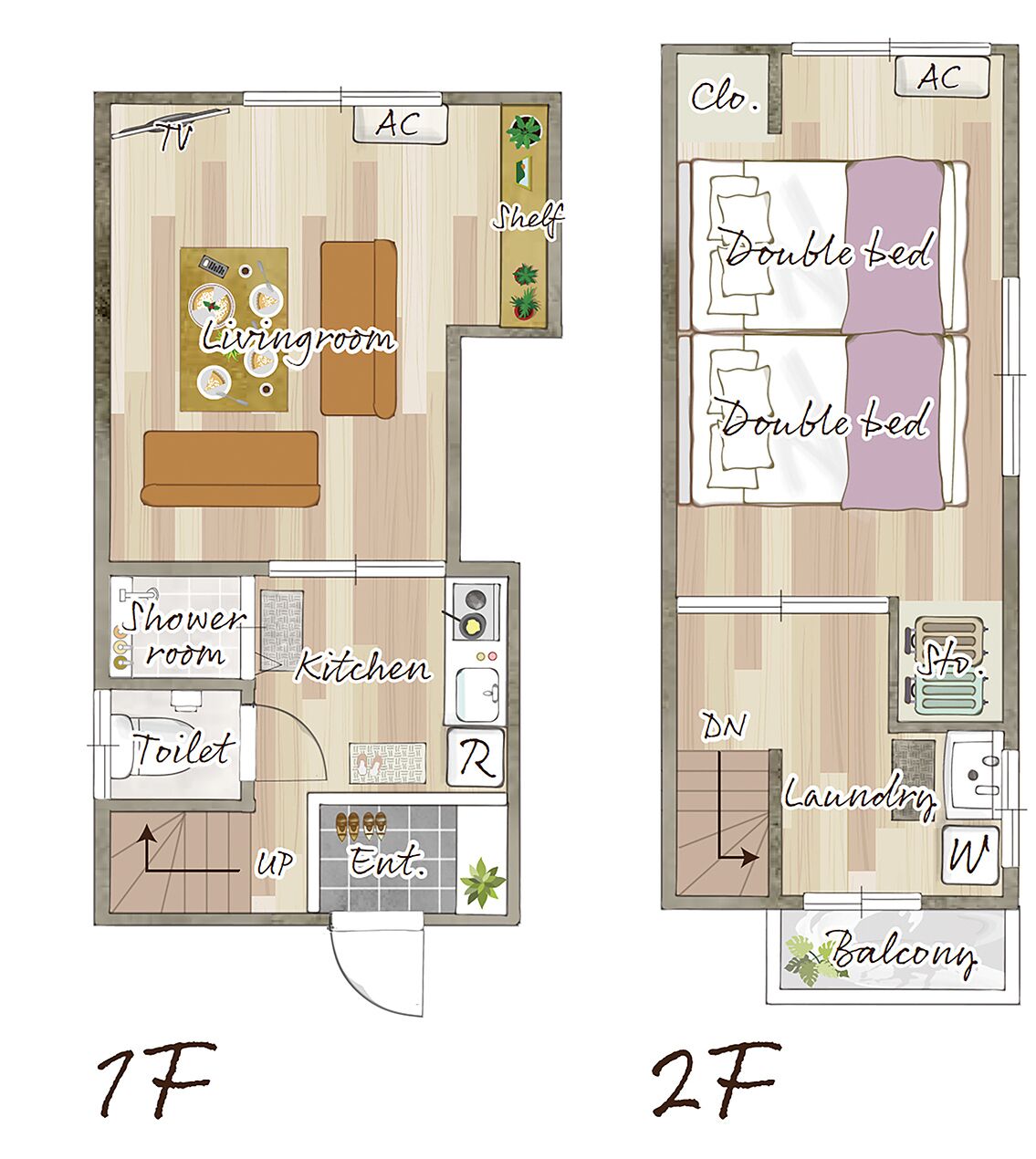 Two floor plans of a 1F and 2F apartment, each with a living room, double bed, kitchen, and bathroom.