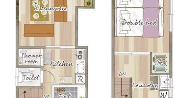 Two floor plans of a 1F and 2F apartment, each with a living room, double bed, kitchen, and bathroom.