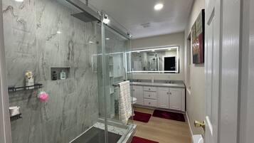 Hair dryer, towels, soap, toilet paper