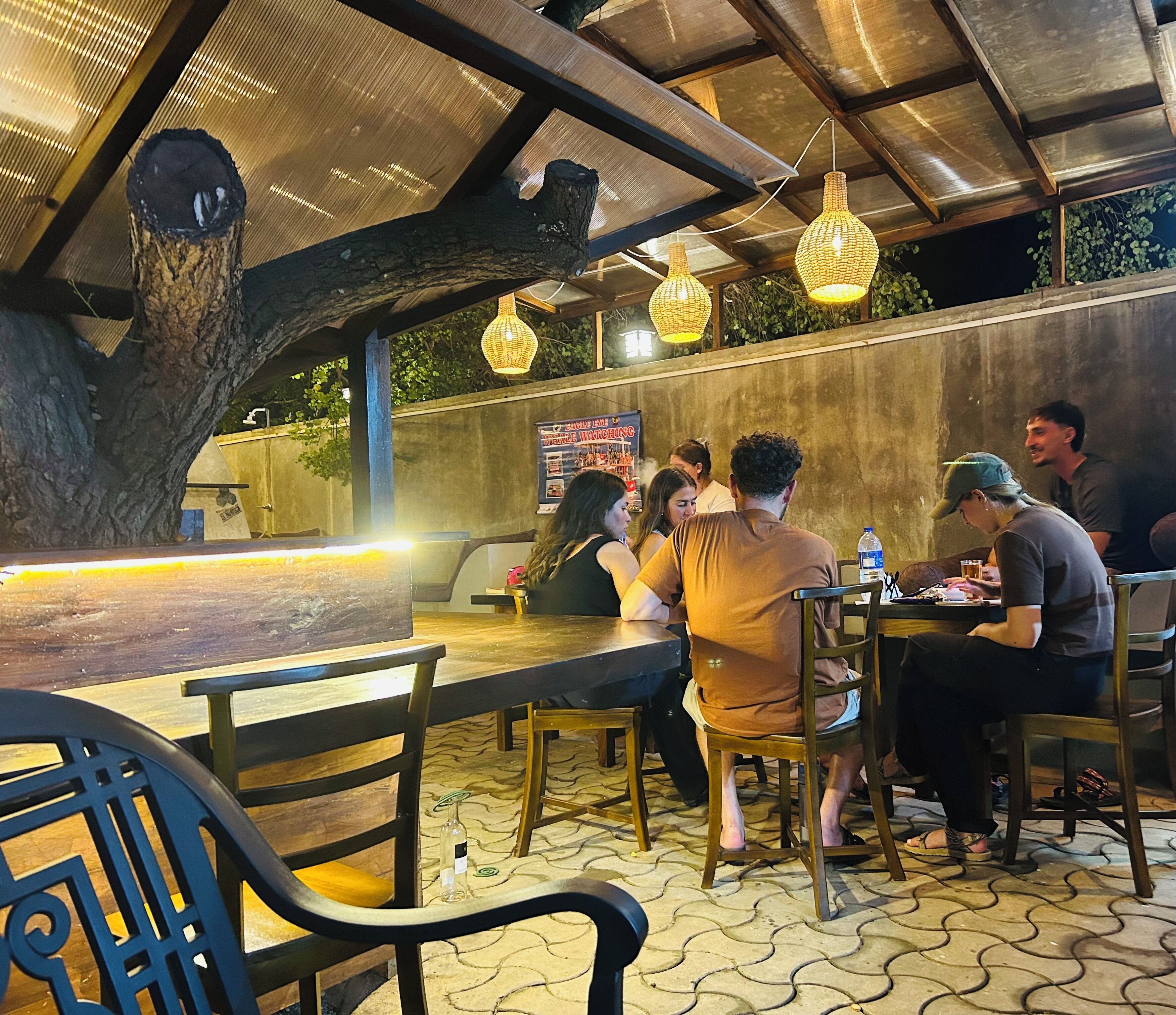 An outdoor dining area with wooden tables and chairs, hanging lights, and a tree trunk incorporated into the design.