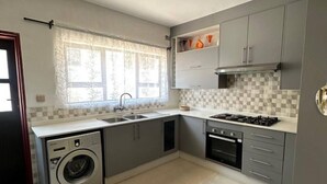 A modern kitchen with grey cabinets, a built-in washing machine, a gas stove, and a tiled backsplash.