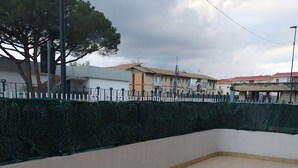 Un patio con piso de baldosas, un muro bajo con seto verde y una cerca de metal.