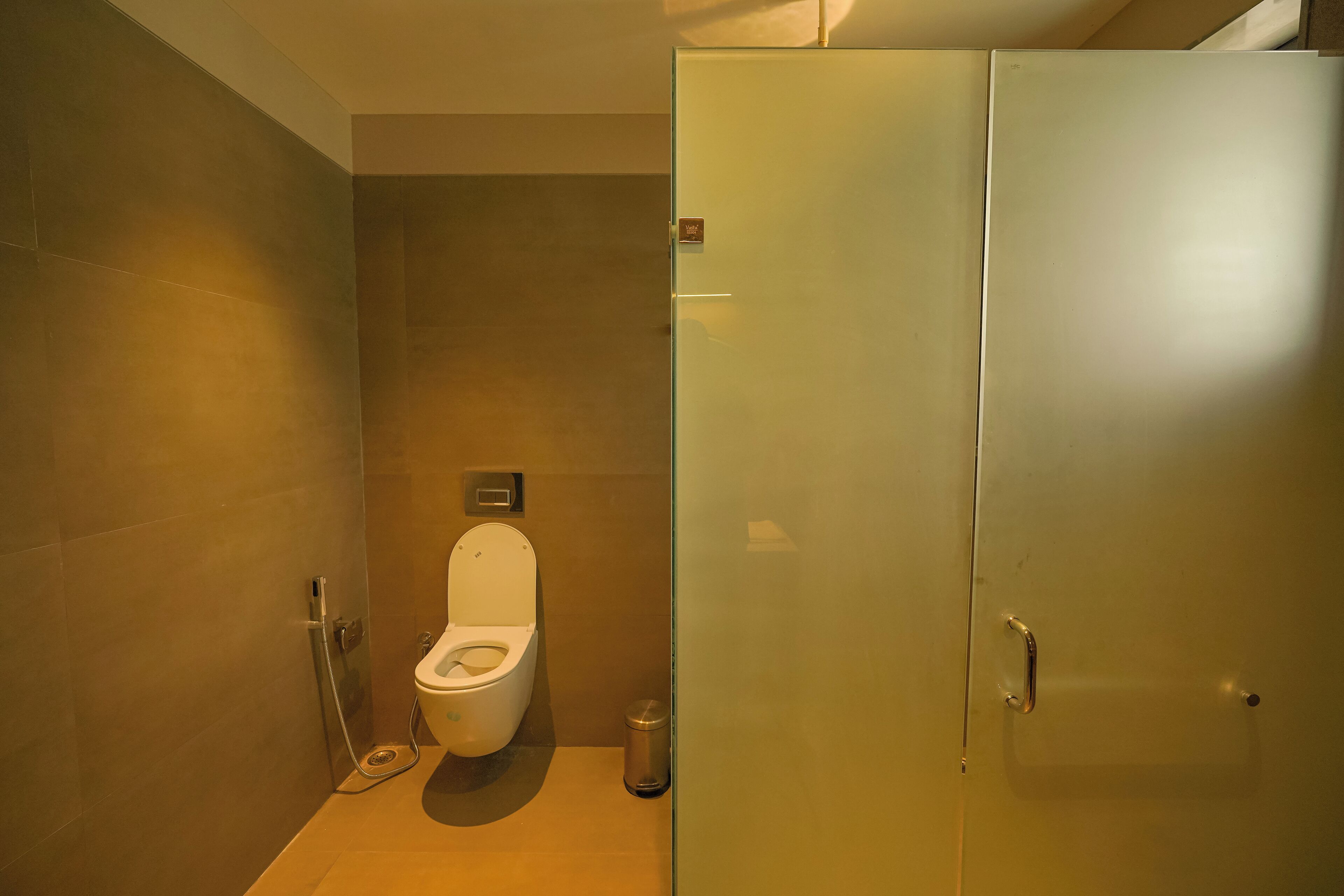 A bathroom with a toilet, a shower, and a cabinet.