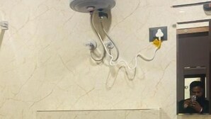 Een badkamer met toilet, wastafel en douche.