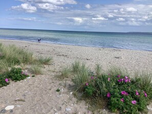 A beach with clear water, a person walking, and some vegetation. - Cozy vacation apartment on the Baltic Sea with a beach chair (Waabs)