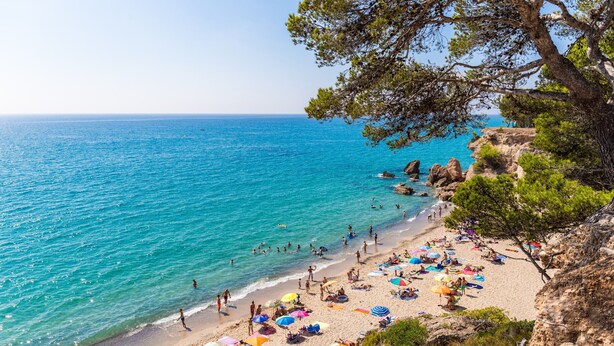 Una playa con agua turquesa cristalina, gente tomando el sol y sombrillas.