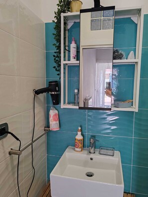 Dusche, Haartrockner, Handtücher, Seife