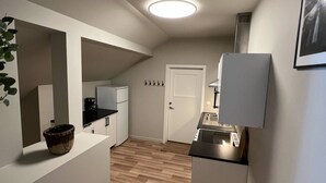 Una cocina moderna con horno integrado, un lavamanos y una encimera. Se ve una puerta que da a otra habitación y una planta a la izquierda.