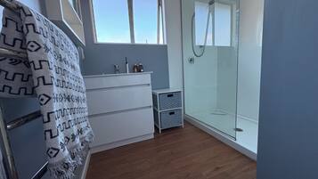 Shower, hair dryer, towels, soap