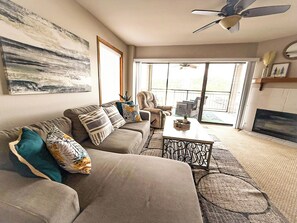 Smart TV, fireplace, DVD player, books