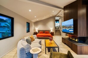 TV, fireplace, books, offices