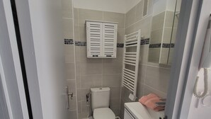 Un bany petit i modern amb vàter, rentapel i mirall.