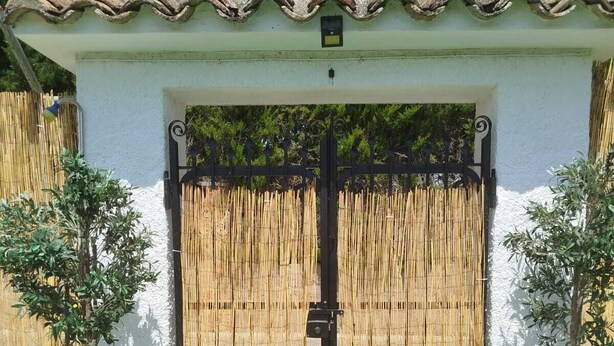 A gated entrance with a tiled roof, a bamboo fence, and two potted trees.