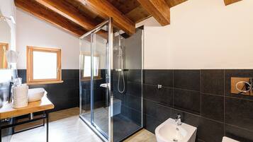 A modern bathroom with a glass shower enclosure, a bidet, and a wooden vanity with a sink.