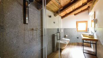 A modern bathroom with a shower, toilet, and sink.