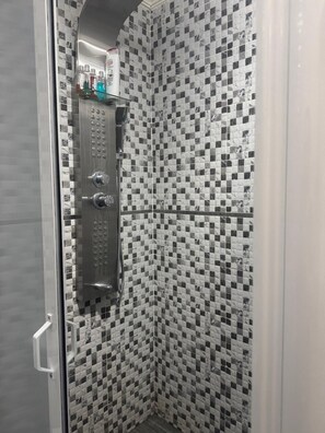 Douche, séchoir à cheveux, serviettes fournies
