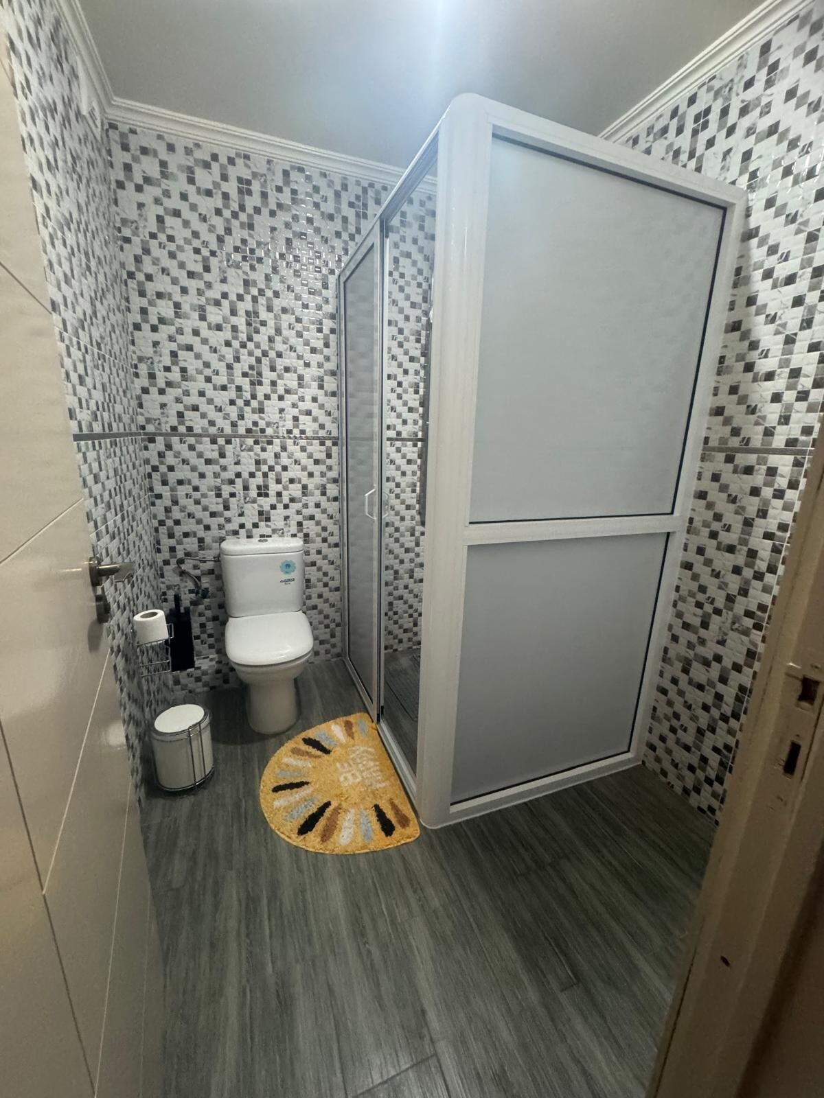 A bathroom with a toilet, a shower, and a patterned floor.