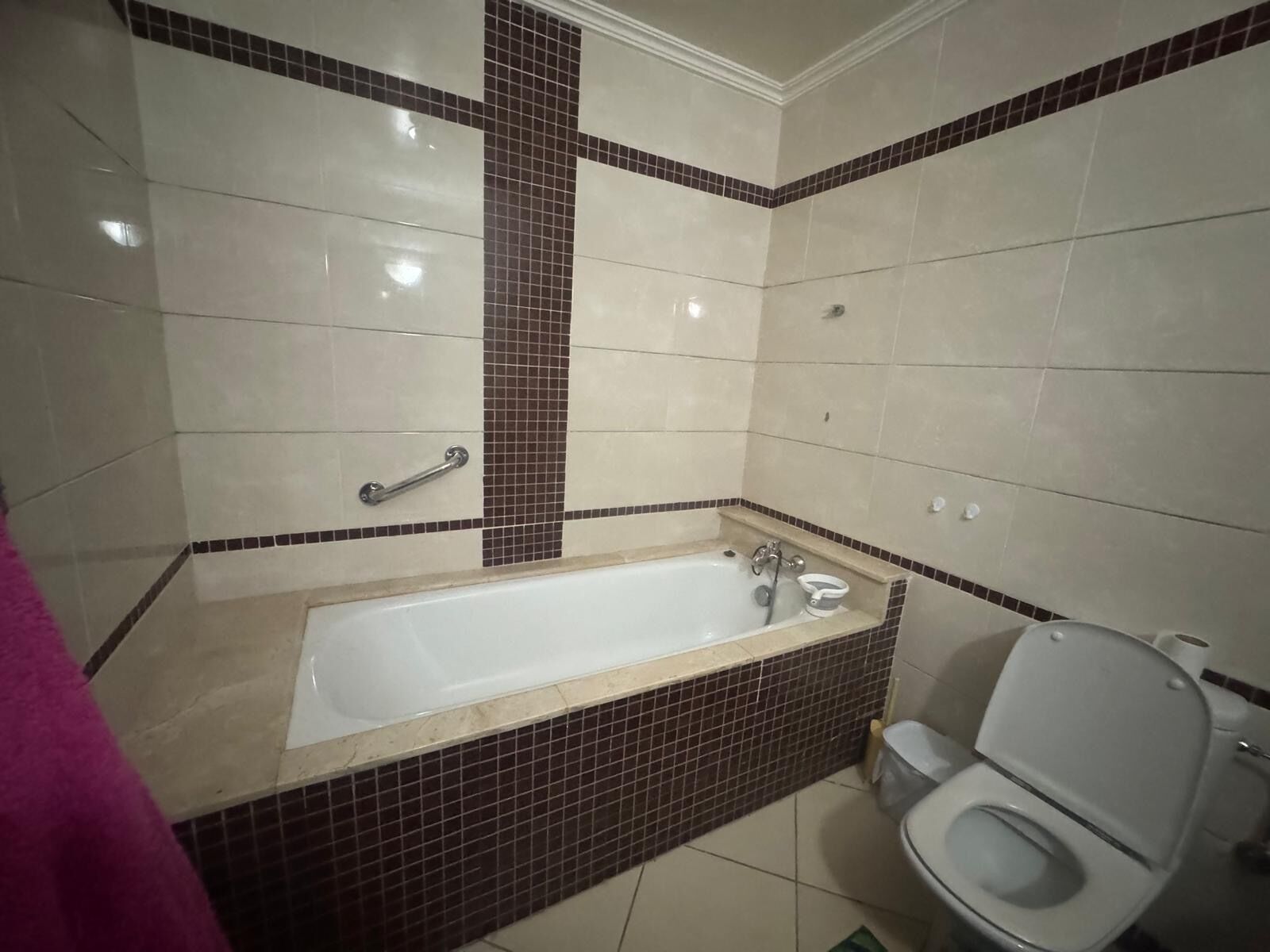 A bathroom with a bathtub, toilet, and a handrail.