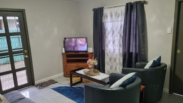 Una sala de estar con un sofá, un televisor, una mesita con un florero y una ventana con cortinas.