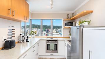 A modern kitchen with a view of a cityscape, stainless steel appliances, and a window with a city view.
