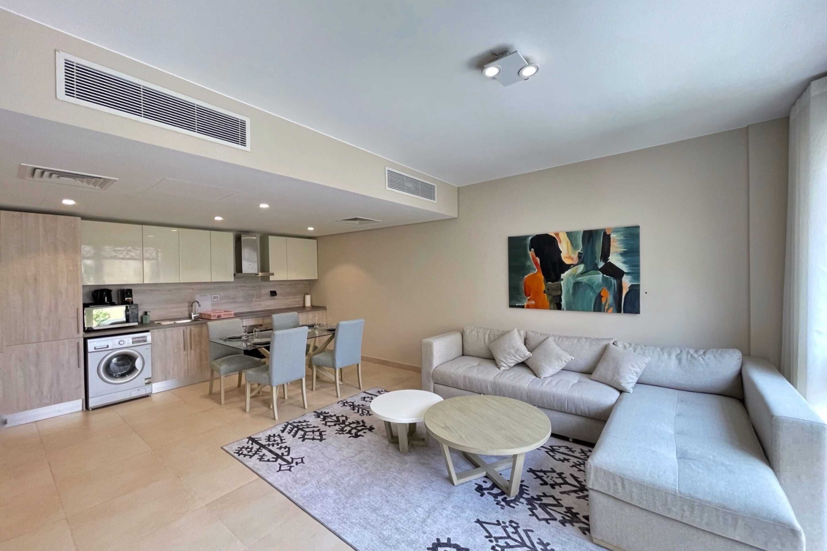 A modern living room with a grey sofa, a coffee table, and a dining area with chairs and a table. There is a kitchen area with a washing machine and a sink.
