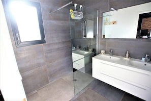 Hair dryer, towels, soap, toilet paper