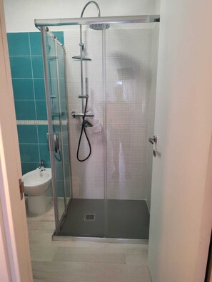 Douche, sèche-cheveux, bidet, serviettes fournies