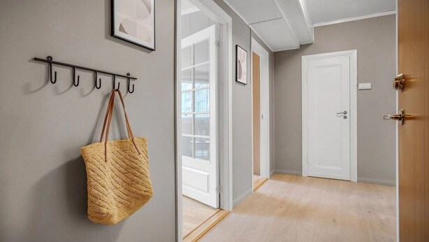 A hallway with a coat rack, a door, and a view into another room.