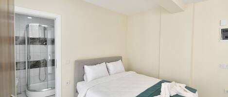 A hotel room with a bed, a shower, and a walk-in closet.