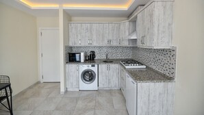 A compact kitchen with a washing machine, microwave, and gas stove. - Lamira Pansion (Fethiye)