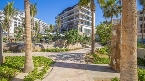 A hotel courtyard with palm trees, a stone pathway, and a building with multiple balconies.