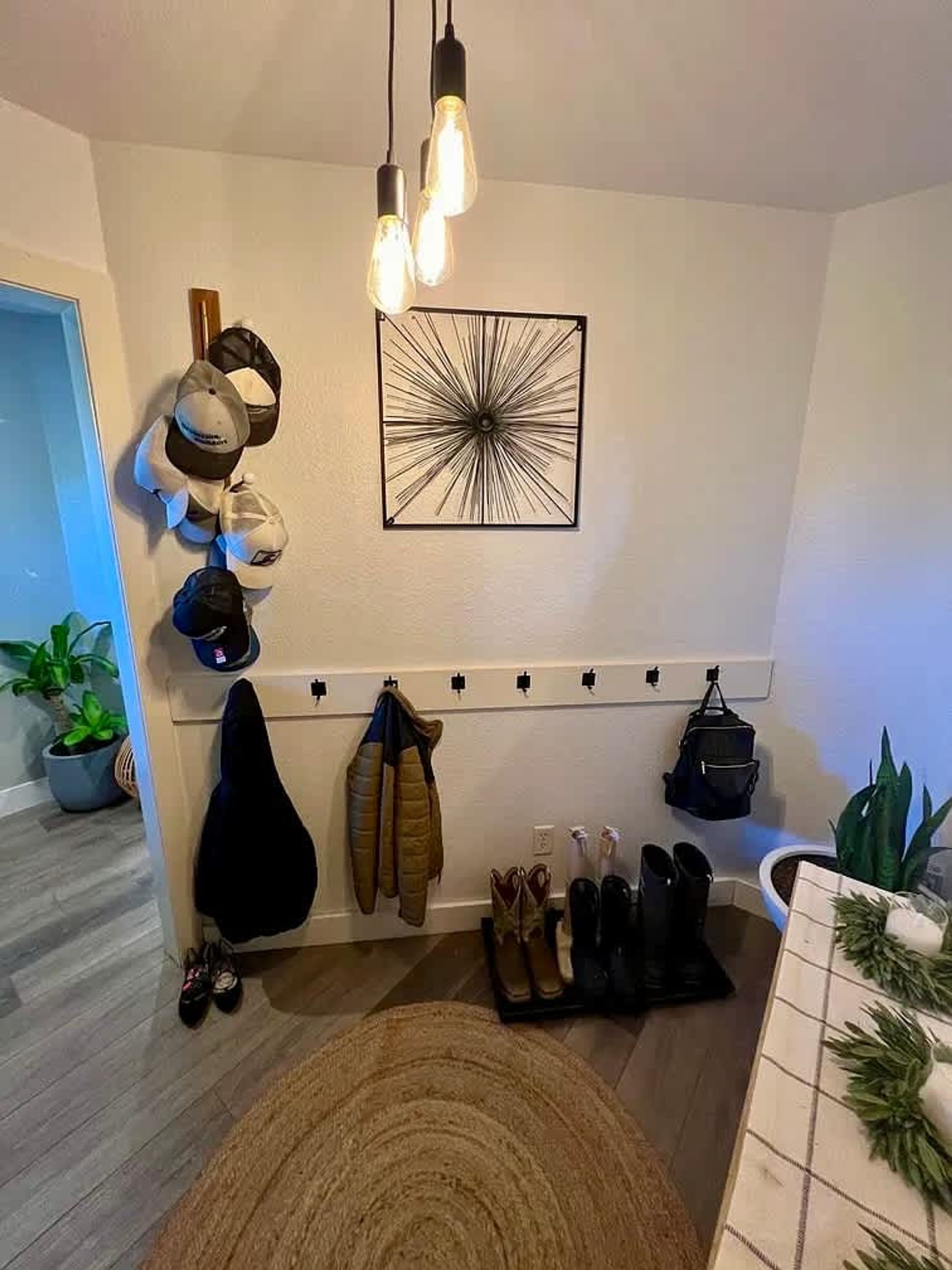A hallway with a coat rack, wall-mounted hats, a decorative light fixture, and a potted plant.