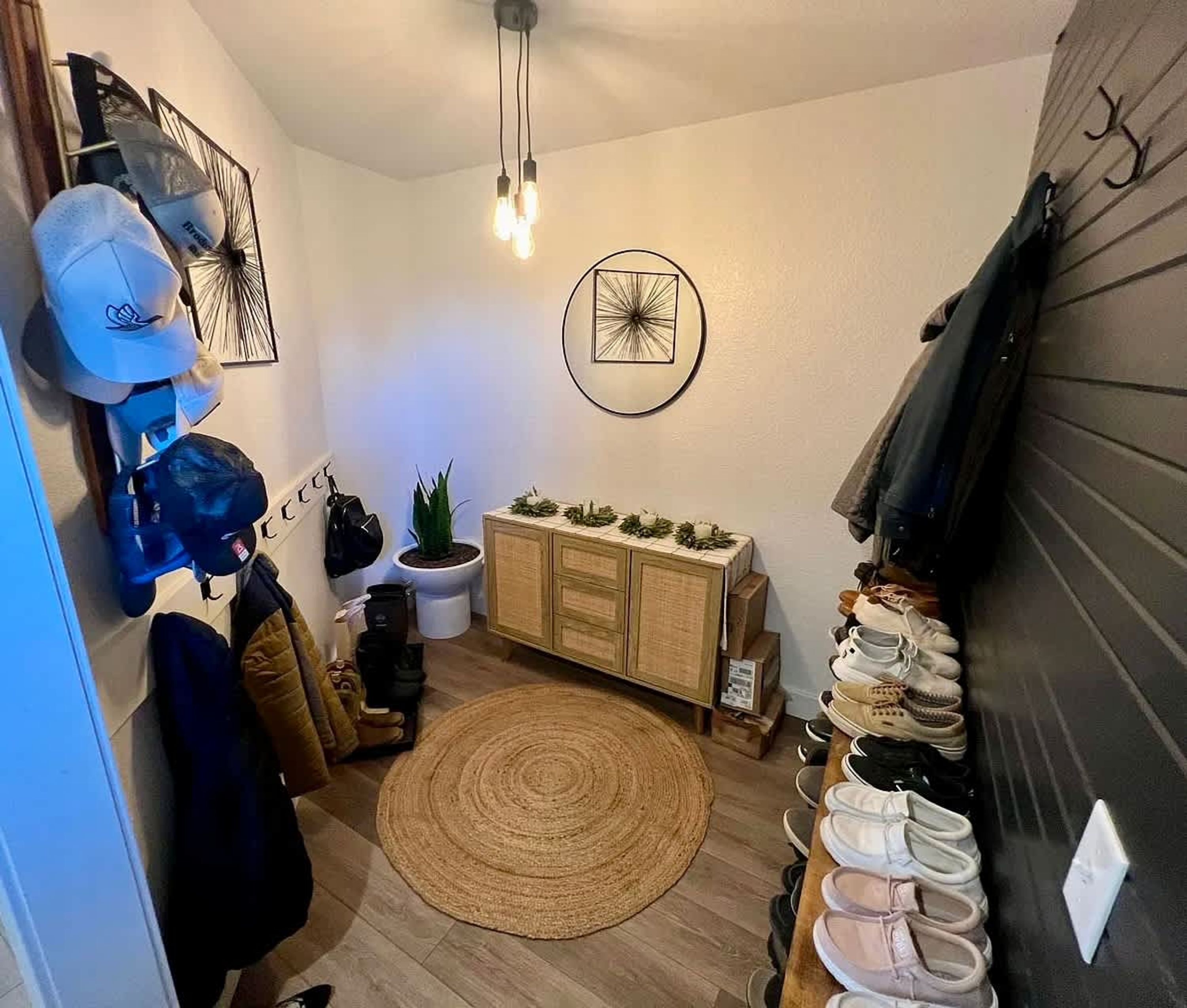 A compact room with a wooden cabinet, a potted plant, and a round woven rug.