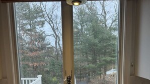A kitchen with a stainless steel sink, a window with blinds, and a view of trees and a white railing outside.