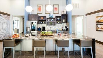 Fridge, dining tables