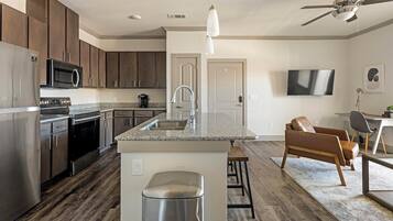 Fridge, dining tables