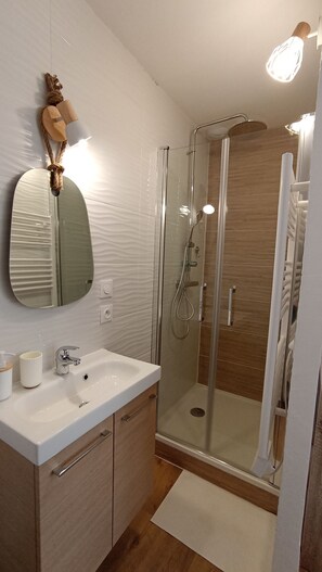 Dusche, Haartrockner, Handtücher, Seife