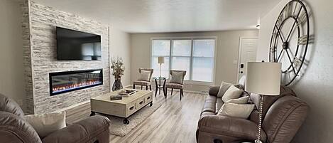 Smart TV, fireplace, books