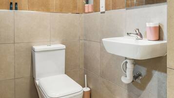 Shower, towels, soap, toilet paper