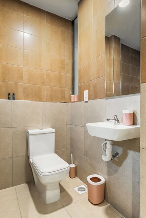 Een douche, handdoeken, zeep, toiletpapier