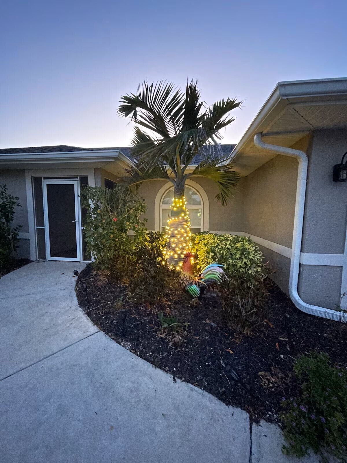 A residential house with a front yard featuring a decorative light arrangement on a palm tree, a small garden with various plants, and a concrete pathway leading to the entrance.