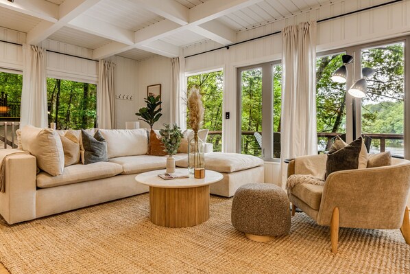 Smart TV, fireplace, books