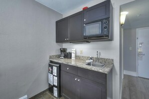 Fridge, microwave, coffee/tea maker, toaster