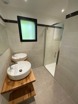 Shower, hair dryer, soap, toilet paper