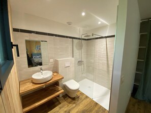 Regadera, secadora de cabello, jabón, papel de baño 