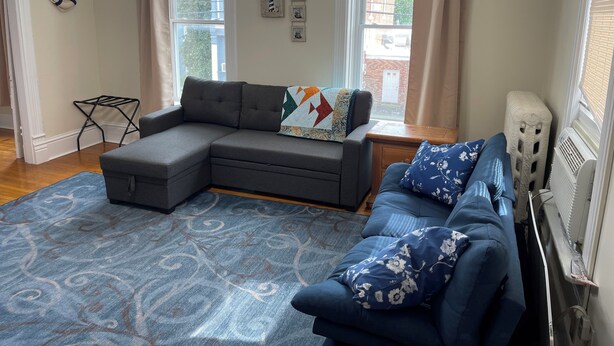 Una sala de estar con un sofá seccional gris, un sofá azul con cojines estampados, un tapete con diseño y un radiador.