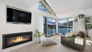 TV, fireplace, books