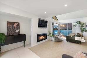 TV, fireplace, books