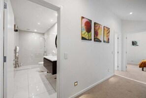 Hair dryer, towels, soap, shampoo