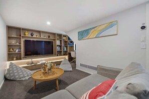 TV, fireplace, video games, books
